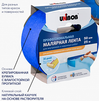 Лента клейкая малярная 50 мм*25 м проф UNIBOB синий 89343