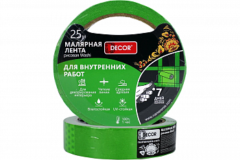 Лента малярная 25 мм*25 м DЕCOR для внутренних работ зеленый 792-2525